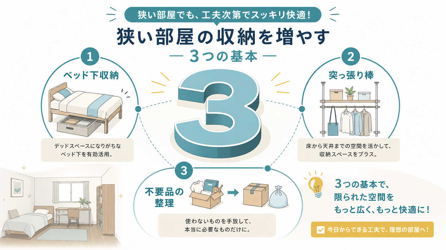 収納を増やす工夫の結論｜狭い部屋でも実践できる3つの基本